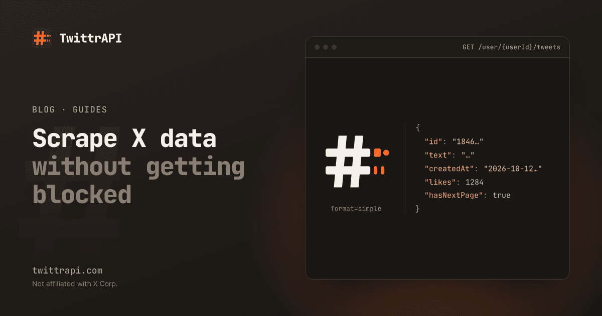Scrape X data without getting blocked — The TwittrAPI # mark with data packets flowing into lines of JSON.