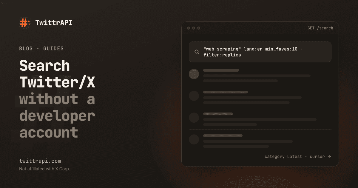 Search Twitter/X without a developer account — A search box with X search operators and a list of matching tweets, paged with a cursor.