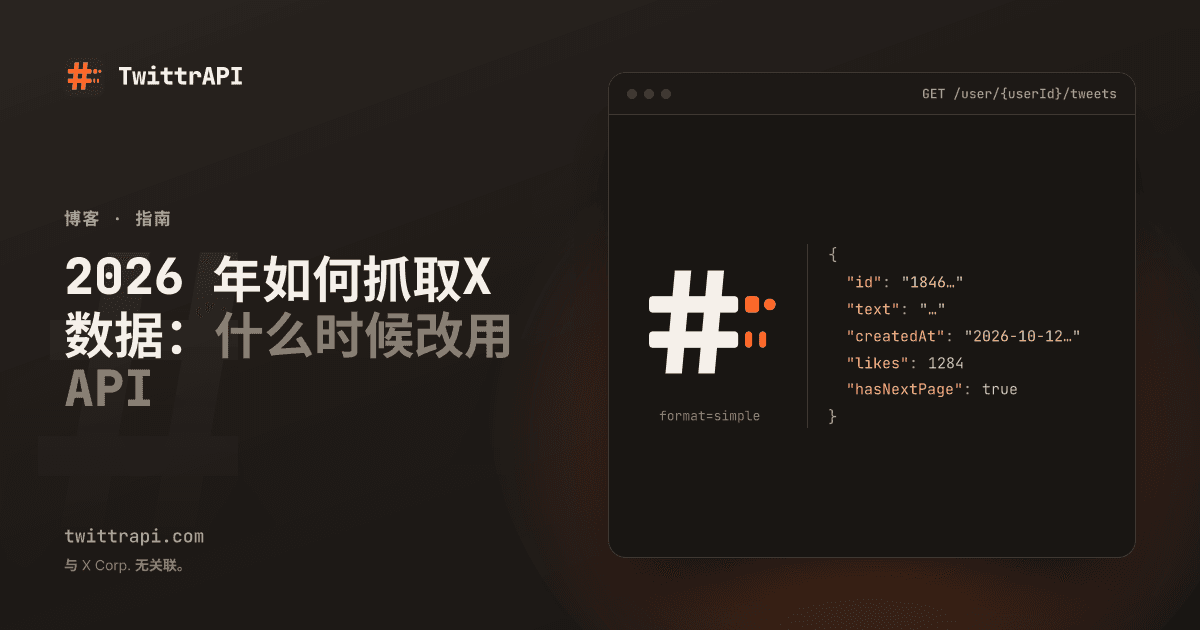 2026 年如何抓取 X 数据：什么时候改用 API — TwittrAPI 的 # 标志，数据包流出成为 JSON 行。