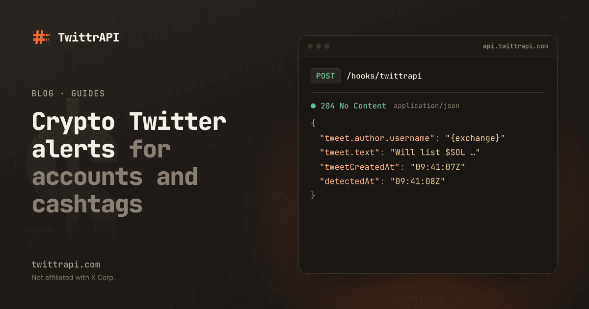 Crypto Twitter alerts for accounts and cashtags — A tweet event from an exchange account mentioning $SOL, with the time it was posted and the time it was detected.