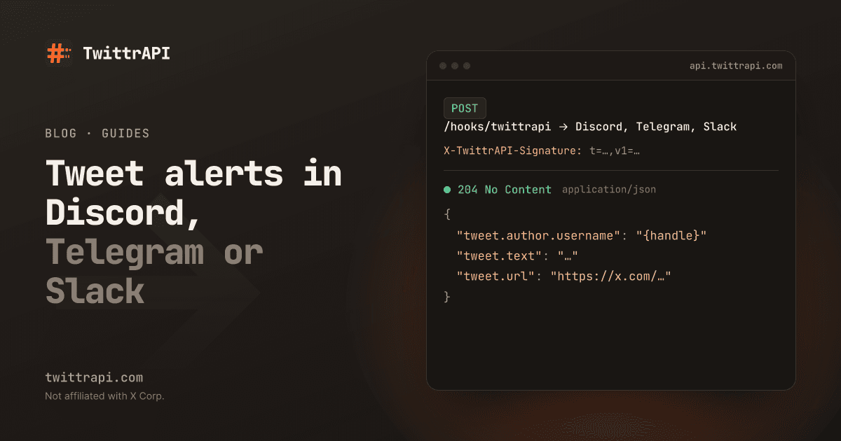 Tweet alerts in Discord, Telegram or Slack — A signed tweet webhook arriving at a small relay that forwards the post to Discord, Telegram and Slack.