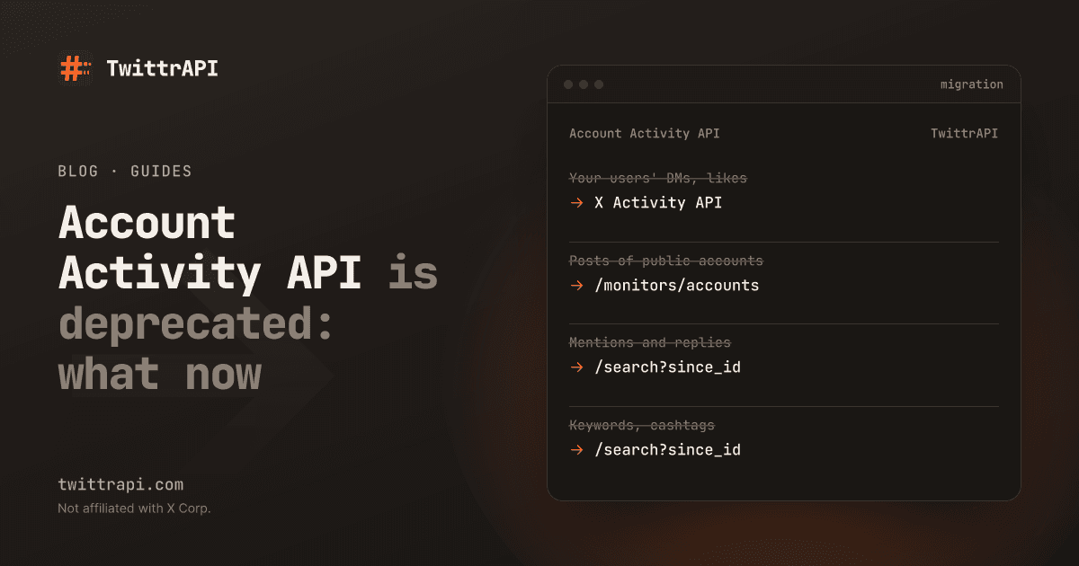 Account Activity API is deprecated: what now — Where each use of the deprecated Account Activity API goes: private events to the X Activity API, posts of public accounts to account monitoring, mentions and keywords to search.